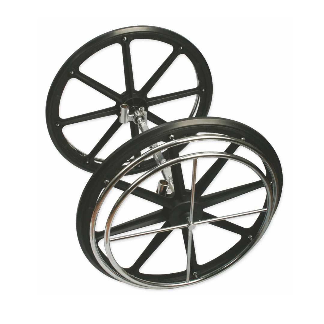 The Medline Single-Arm Drive Attachment for K4 Basic Wheelchair features two large black solid-spoke wheels connected by a metal axle and frame, designed as a wheelchair component, shown on a white background.